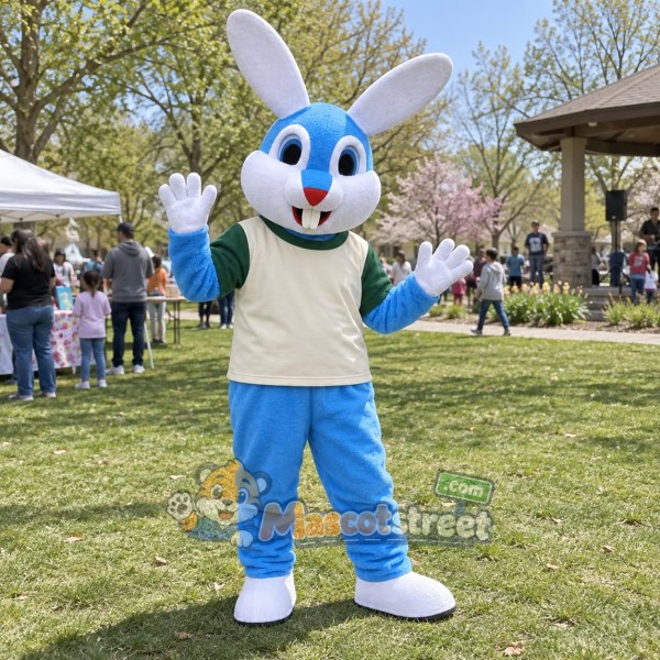 Blue Rabbit Mascot Costume with Cream Shirt and Blue Pants