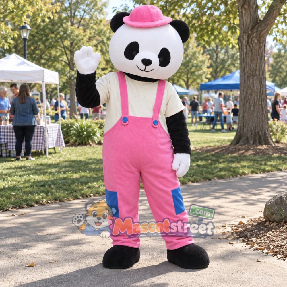 Panda Mascot Costume with Pink Overalls