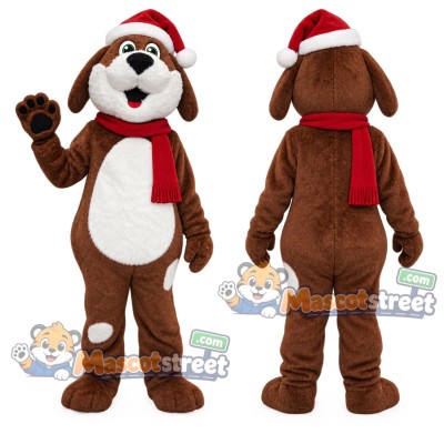 Brown and White Dog Mascot Costume with Santa Hat and Red Scarf Brown and White Dog Mascot Costume with Santa Hat and Red Scarf
