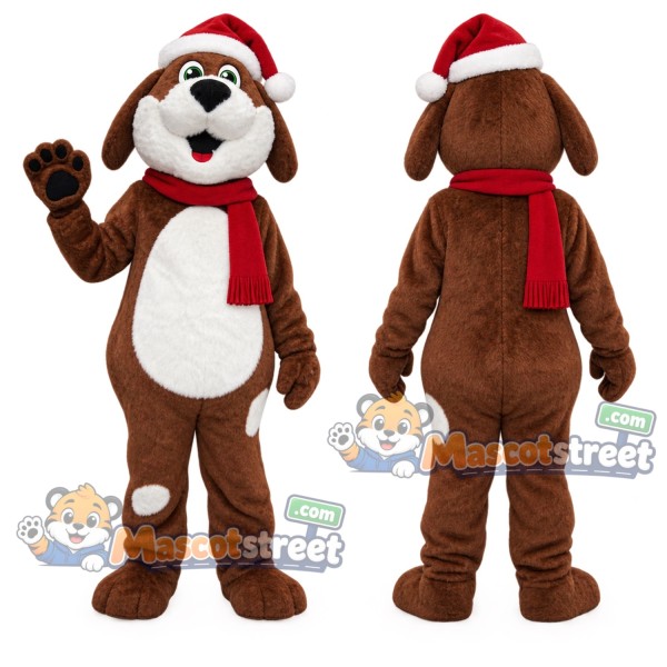 Brown and White Dog Mascot Costume with Santa Hat and Red Scarf