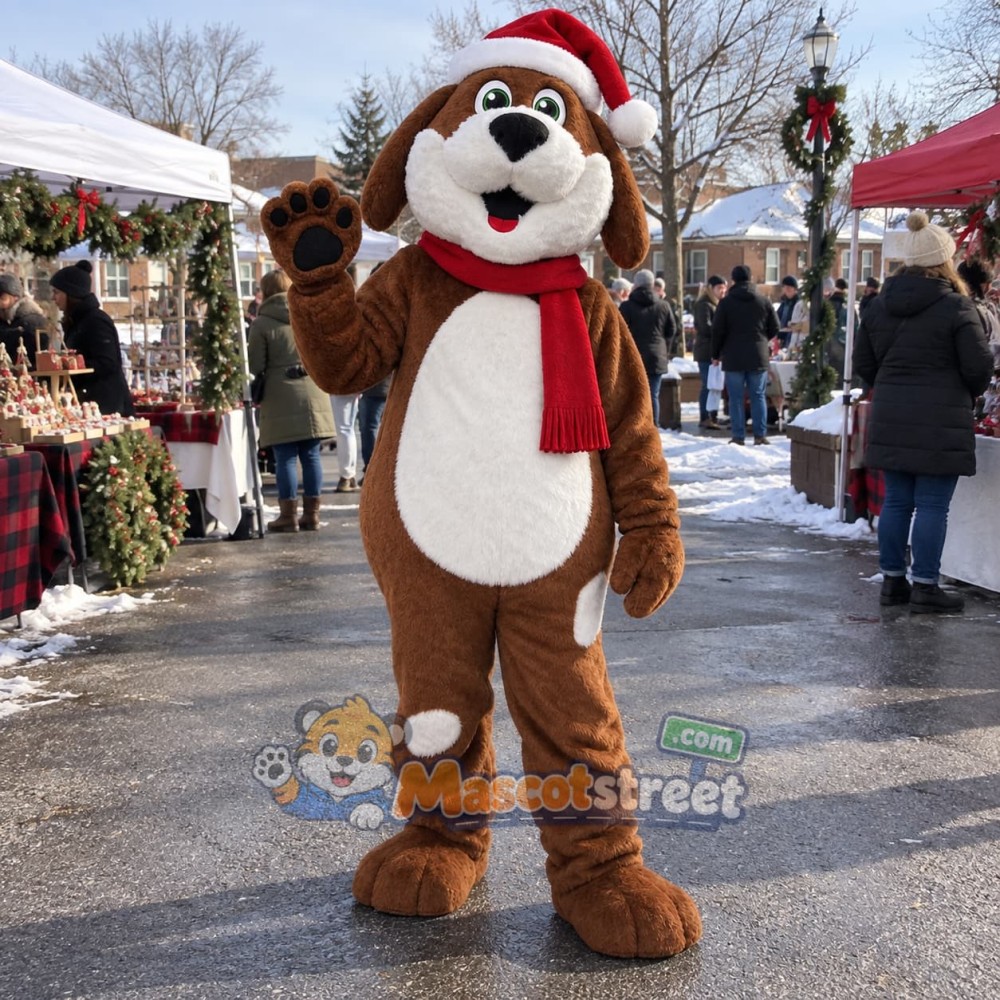 Brown and White Dog Mascot Costume with Santa Hat and Red Scarf Brown and White Dog Mascot Costume with Santa Hat and Red Scarf