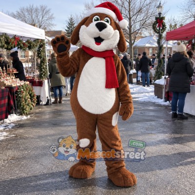 Brown and White Dog Mascot Costume with Santa Hat and Red Scarf Brown and White Dog Mascot Costume with Santa Hat and Red Scarf