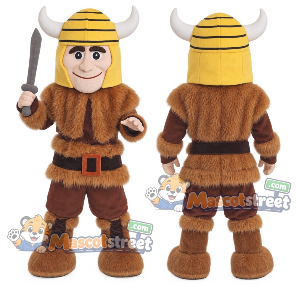 Viking Warrior Mascot Costume with Brown Outfit and Horned Helmet Viking Warrior Mascot Costume with Brown Outfit and Horned Helmet