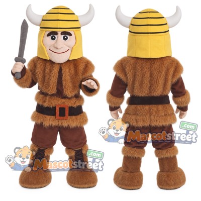 Viking Warrior Mascot Costume with Brown Outfit and Horned Helmet Viking Warrior Mascot Costume with Brown Outfit and Horned Helmet