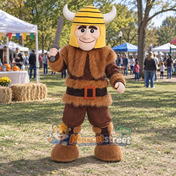 Viking Warrior Mascot Costume with Brown Outfit and Horned Helmet