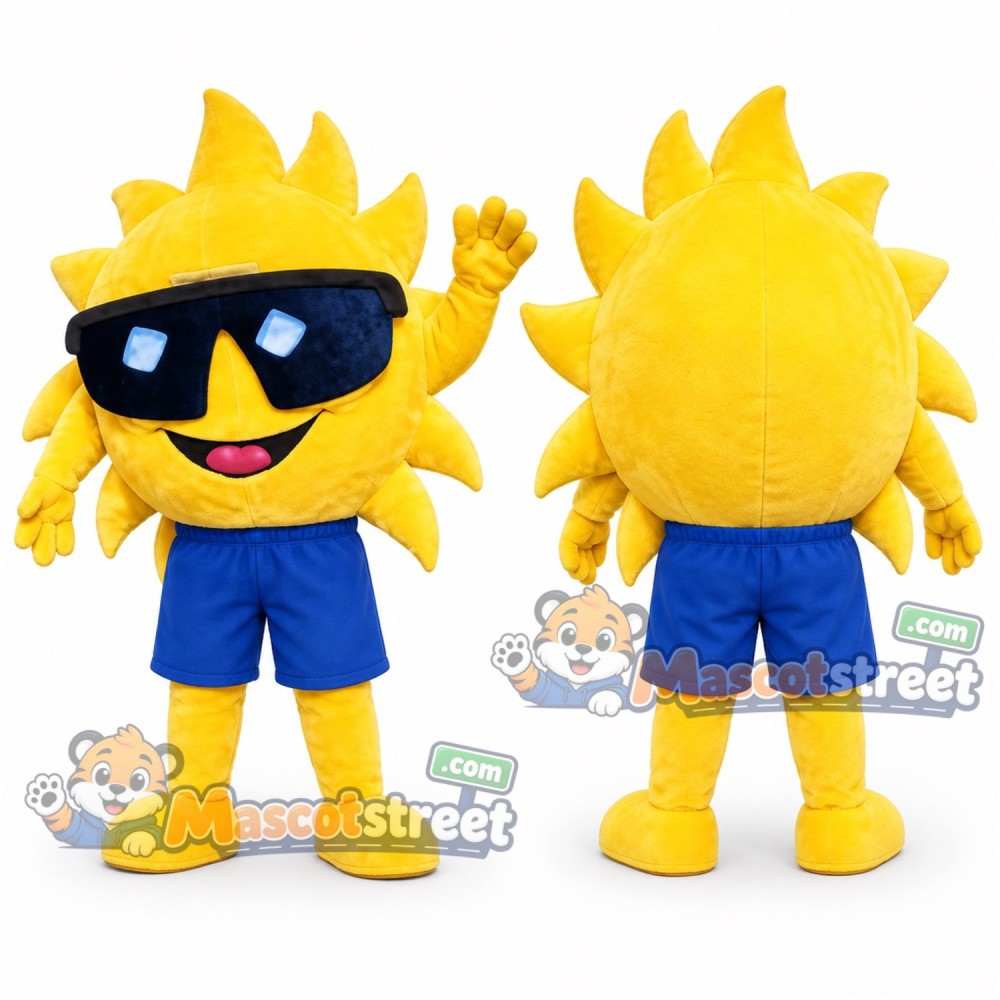 Sun Mascot Costume with Blue Shorts and Sunglasses Sun Mascot Costume with Blue Shorts and Sunglasses