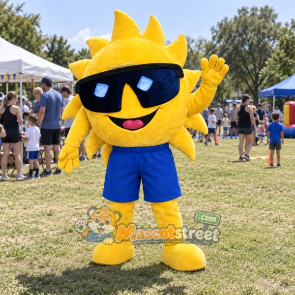 Sun Mascot Costume with Blue Shorts and Sunglasses