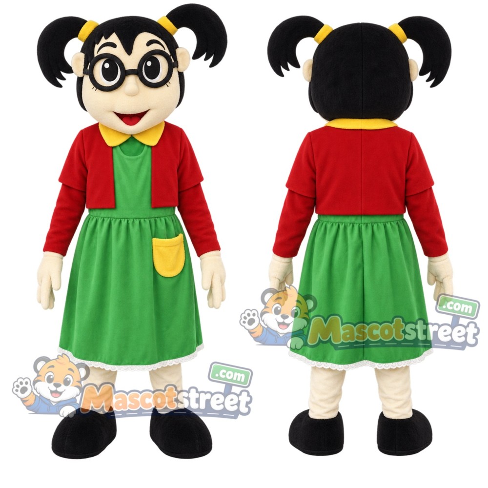 Girl Mascot Costume with Green Dress and Glasses