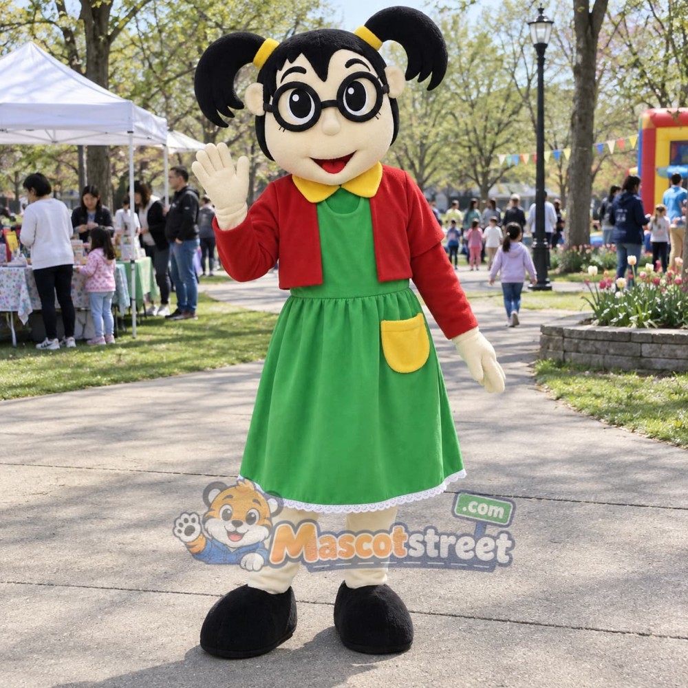 Girl Mascot Costume with Green Dress and Glasses