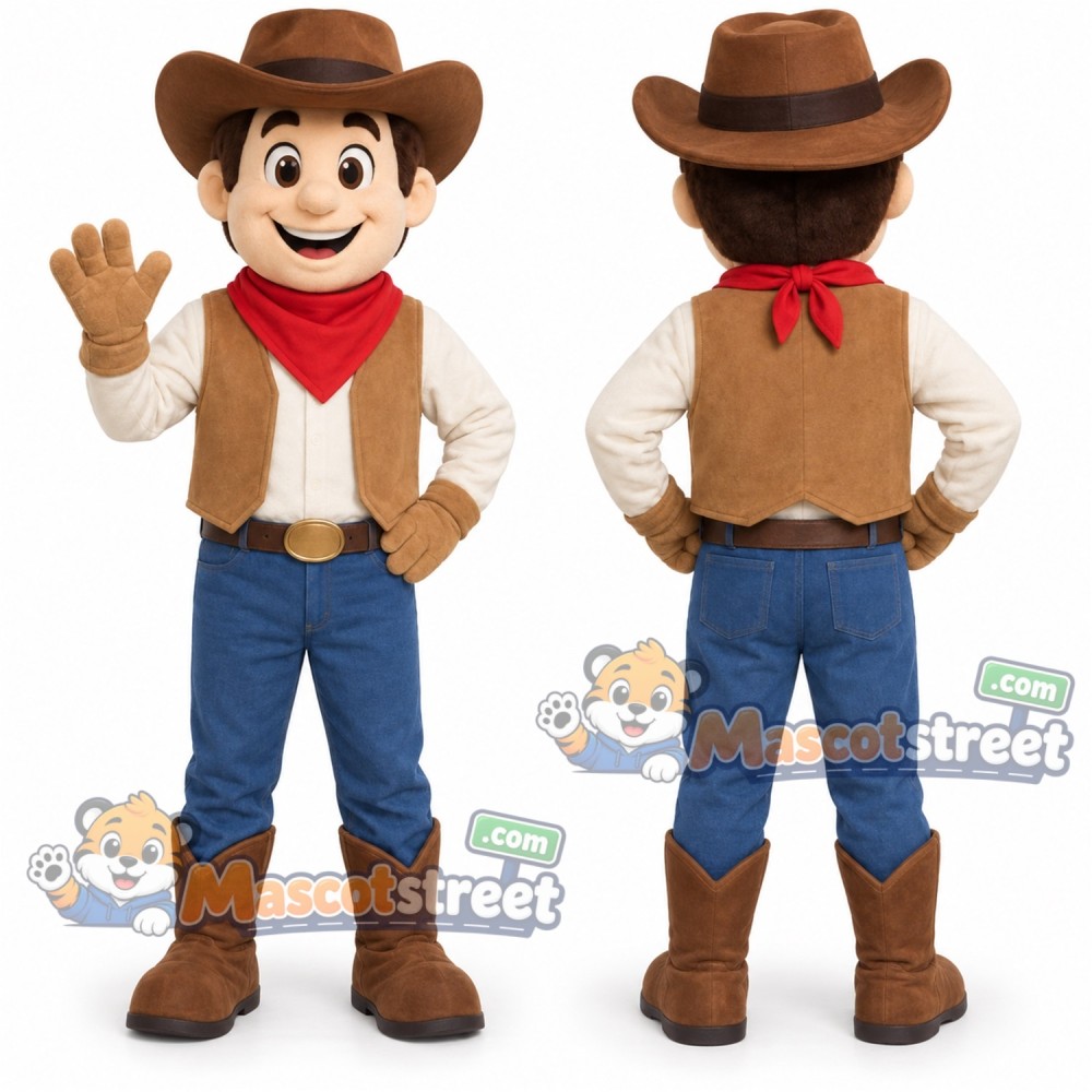 Cowboy Mascot Costume with Brown Vest and Hat Cowboy Mascot Costume with Brown Vest and Hat