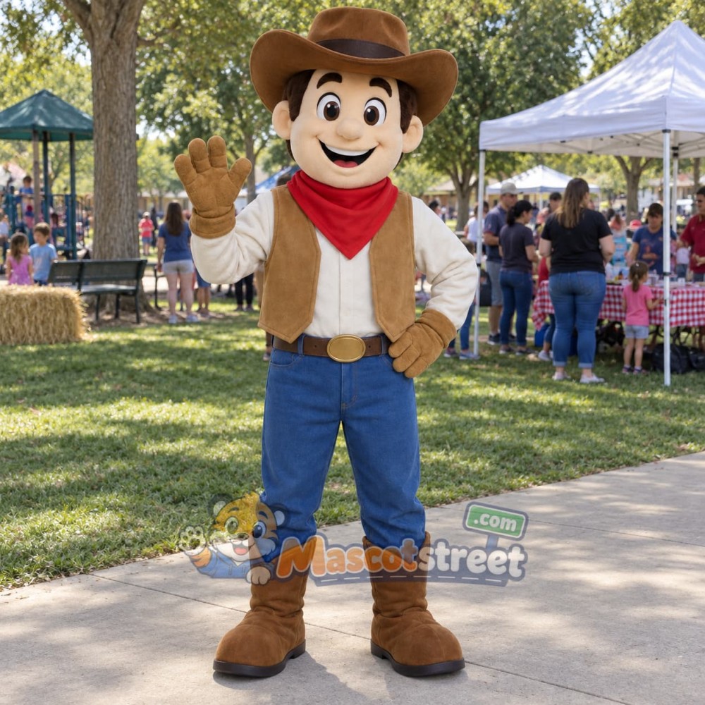 Cowboy Mascot Costume with Brown Vest and Hat Cowboy Mascot Costume with Brown Vest and Hat
