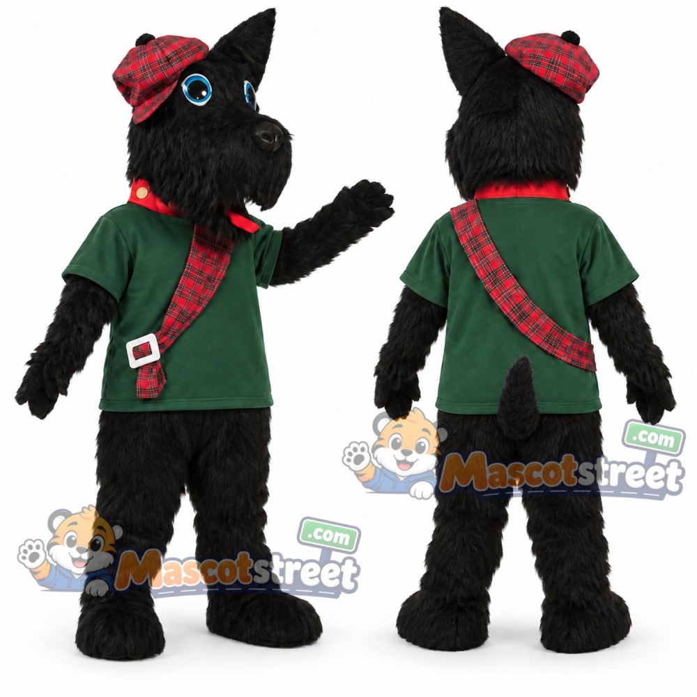 Black Scottie Dog Mascot Costume with Green Shirt and Tartan Hat