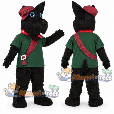 Black Scottie Dog Mascot Costume with Green Shirt and Tartan Hat