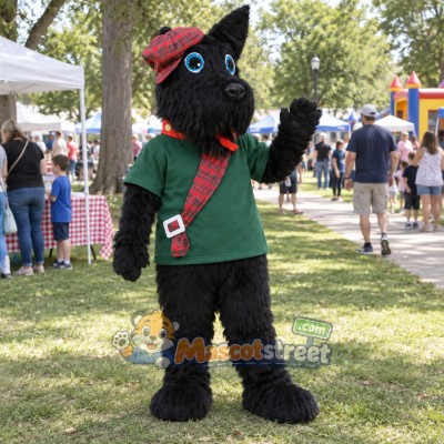 Black Scottie Dog Mascot Costume with Green Shirt and Tartan Hat