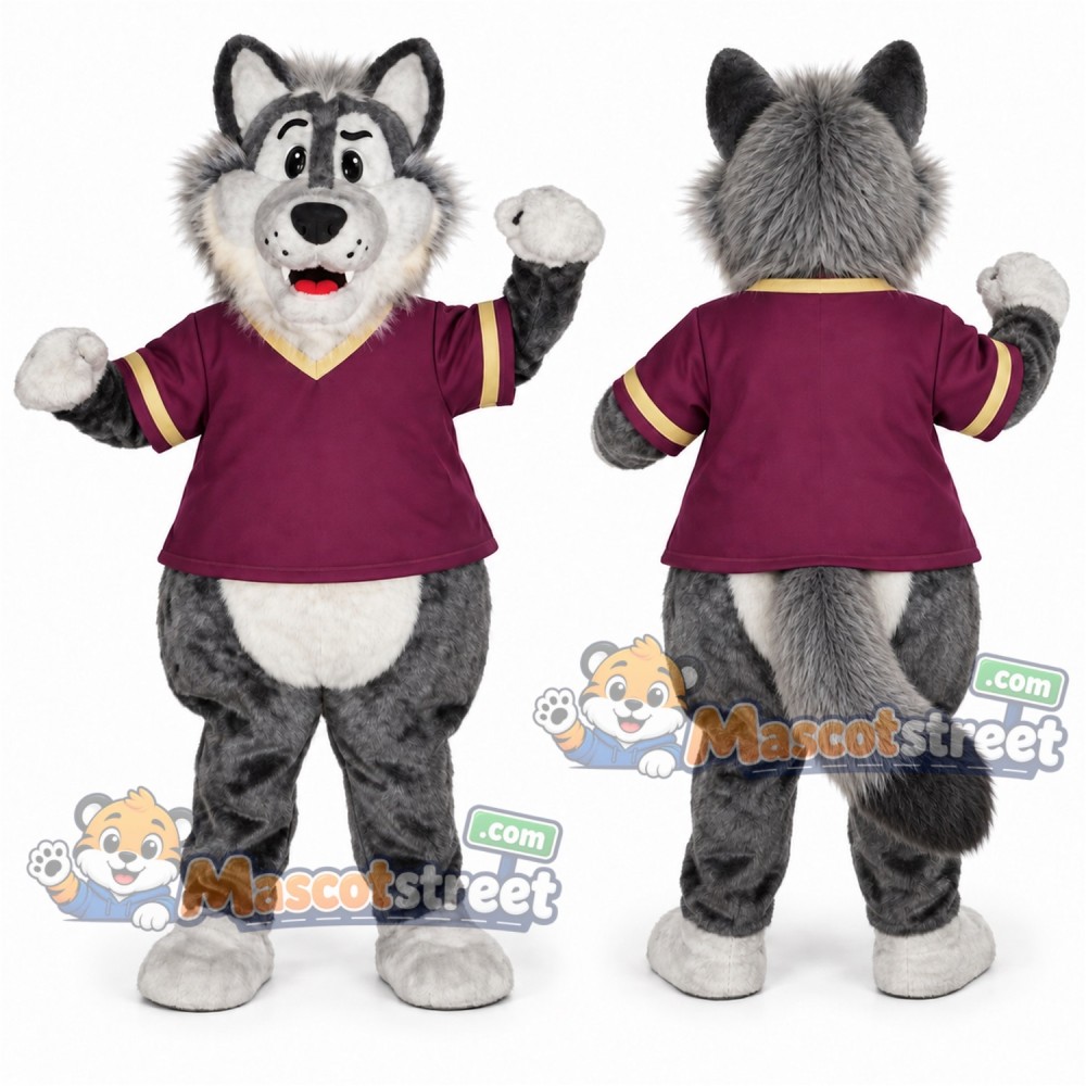 Gray Wolf Mascot Costume with Purple Shirt Gray Wolf Mascot Costume with Purple Shirt