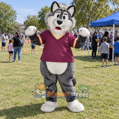 Gray Wolf Mascot Costume with Purple Shirt Gray Wolf Mascot Costume with Purple Shirt