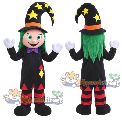 Witch Girl Mascot Costume with Star-Patterned Hat and Black Dress