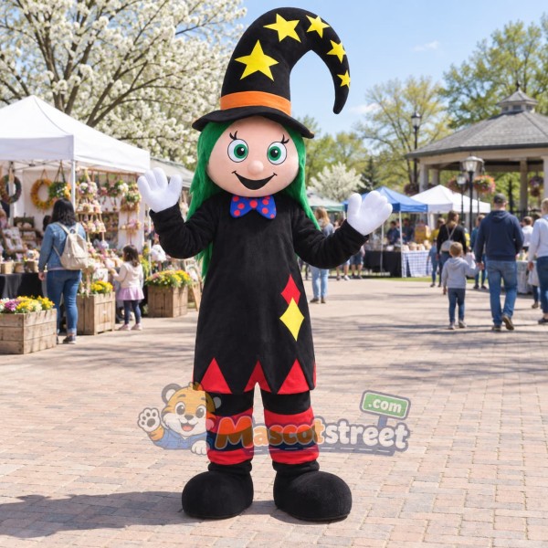 Witch Girl Mascot Costume with Star-Patterned Hat and Black Dress