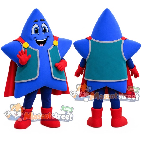 Blue Star Superhero Mascot Costume with Teal Vest and Red Cape