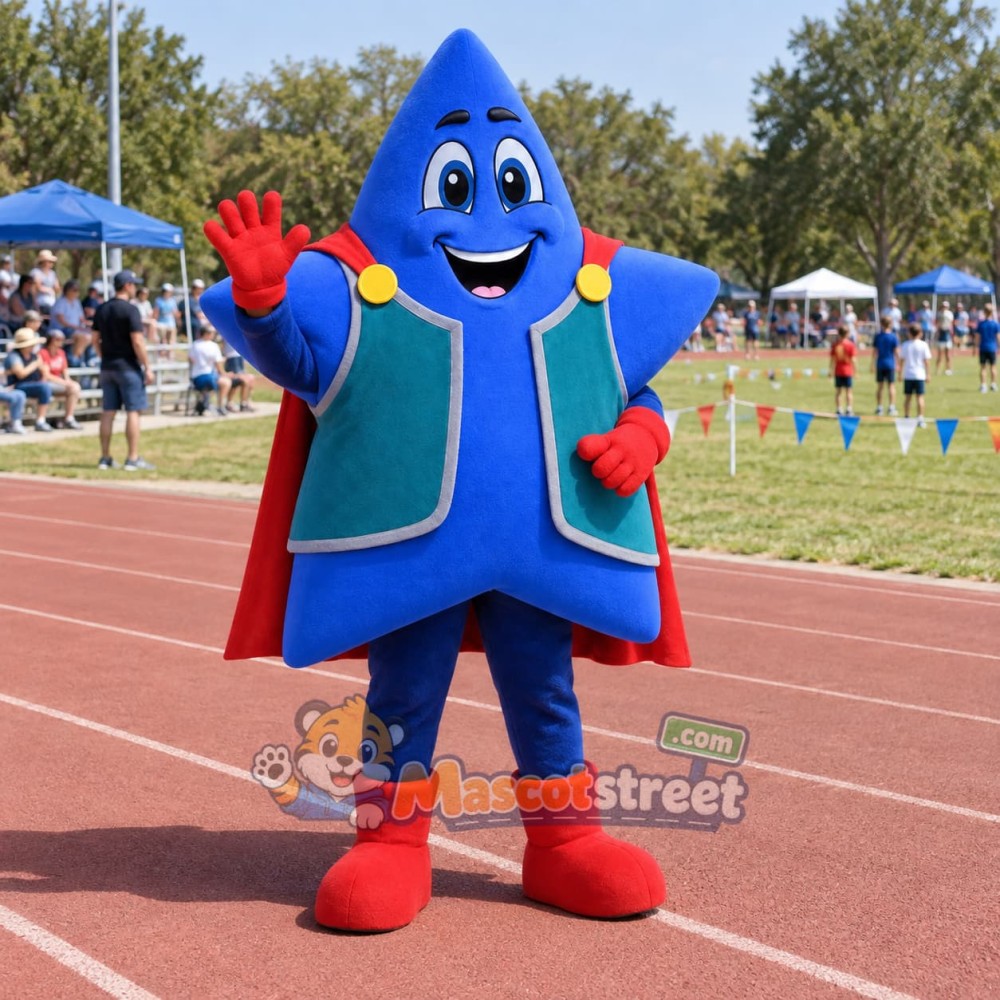 Blue Star Superhero Mascot Costume with Teal Vest and Red Cape