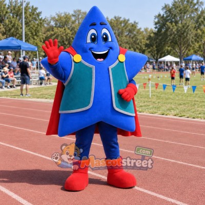 Blue Star Superhero Mascot Costume with Teal Vest and Red Cape