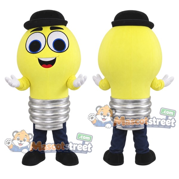 Yellow Light Bulb Mascot Costume with Black Bowler Hat