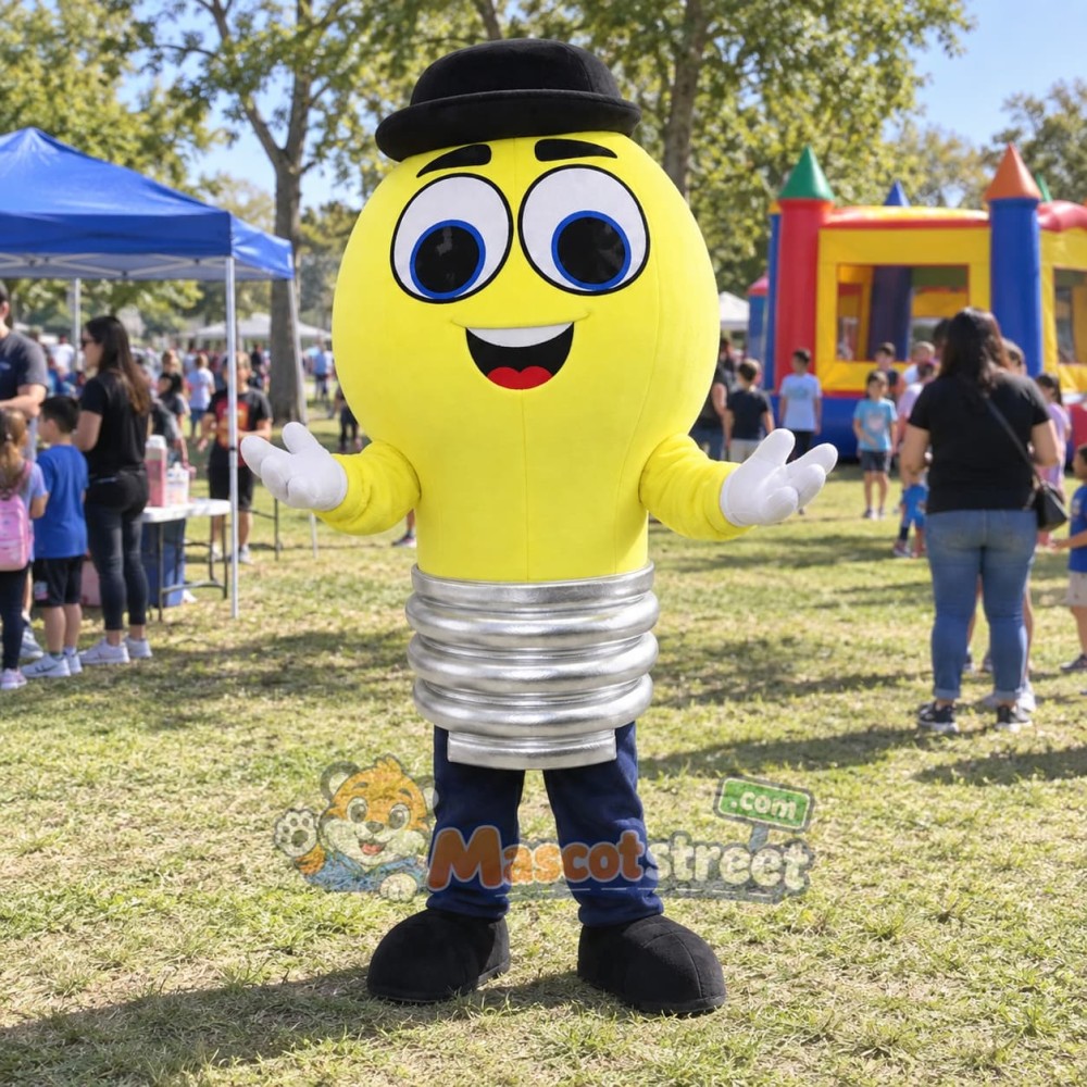 Yellow Light Bulb Mascot Costume with Black Bowler Hat Yellow Light Bulb Mascot Costume with Black Bowler Hat