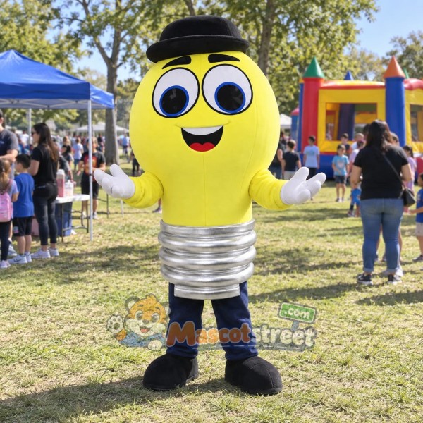 Yellow Light Bulb Mascot Costume with Black Bowler Hat