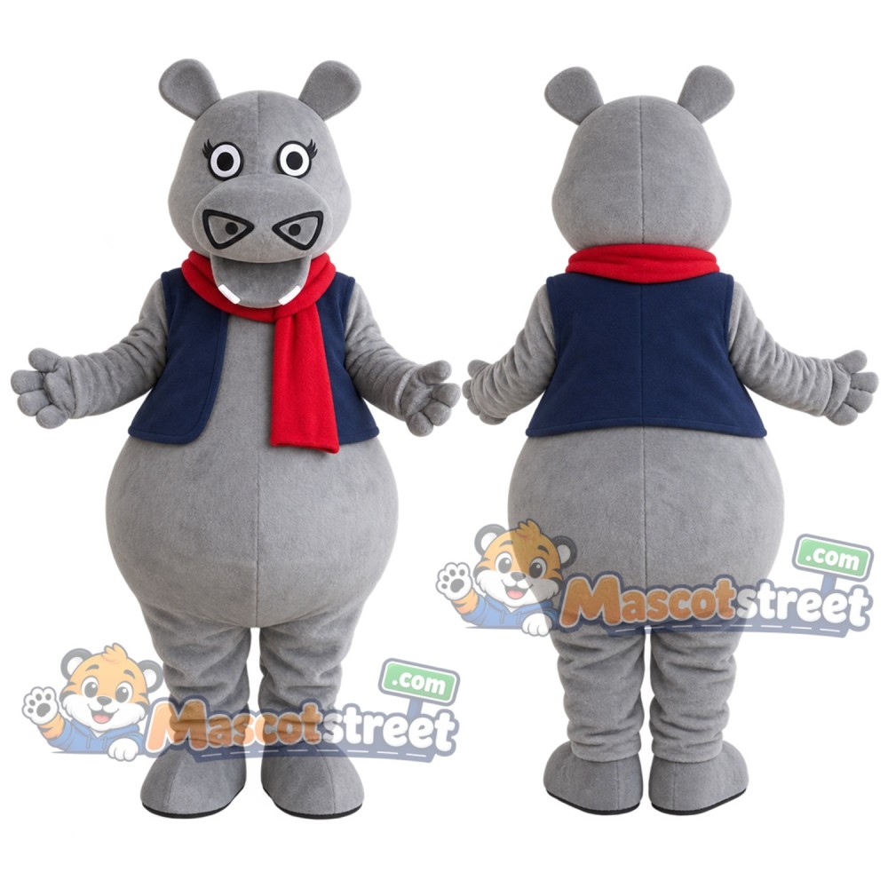 Gray Hippo Mascot Costume with Navy Vest and Red Scarf Gray Hippo Mascot Costume with Navy Vest and Red Scarf