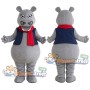 Gray Hippo Mascot Costume with Navy Vest and Red Scarf
