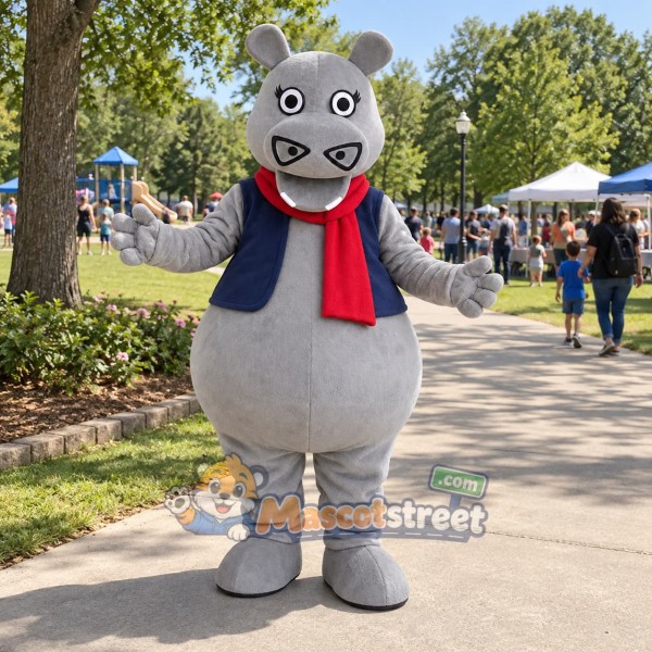 Gray Hippo Mascot Costume with Navy Vest and Red Scarf