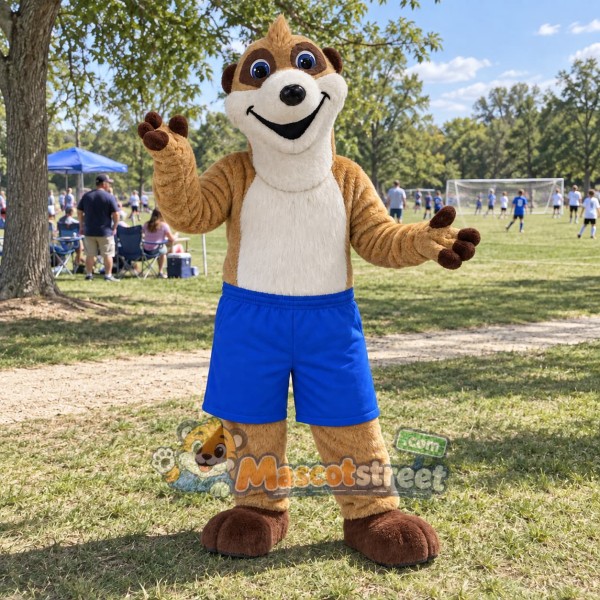 Tan Skunk Mascot Costume with Blue Shorts