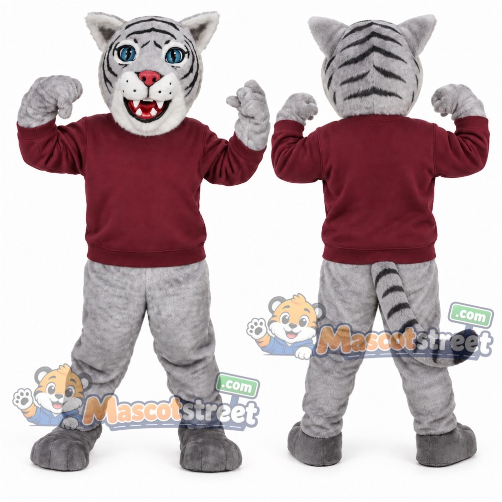 Gray Tiger Mascot Costume with Burgundy Sweatshirt