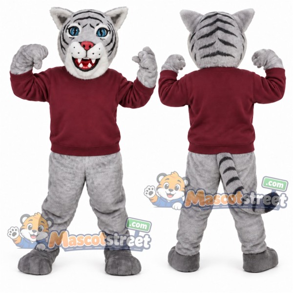 Gray Tiger Mascot Costume with Burgundy Sweatshirt