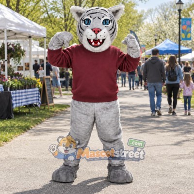Gray Tiger Mascot Costume with Burgundy Sweatshirt