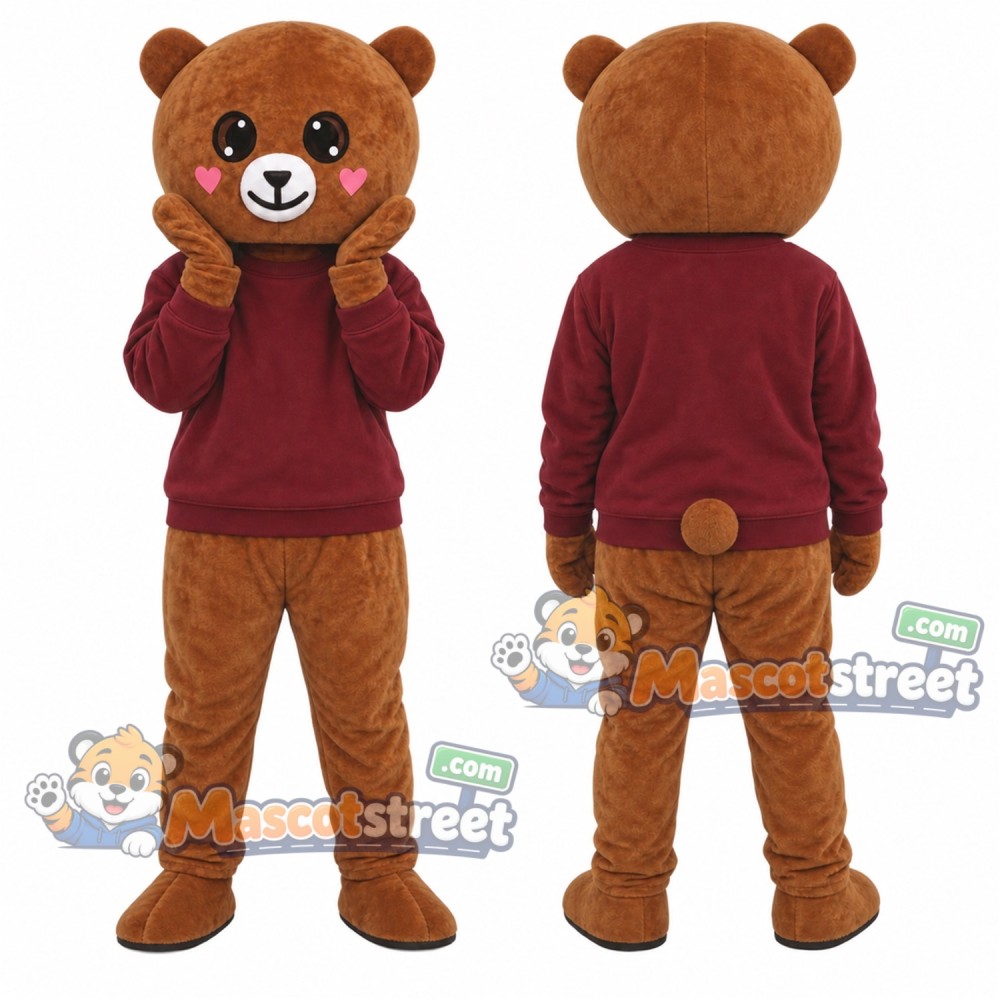 Brown Bear Mascot Costume with Burgundy Sweatshirt Brown Bear Mascot Costume with Burgundy Sweatshirt
