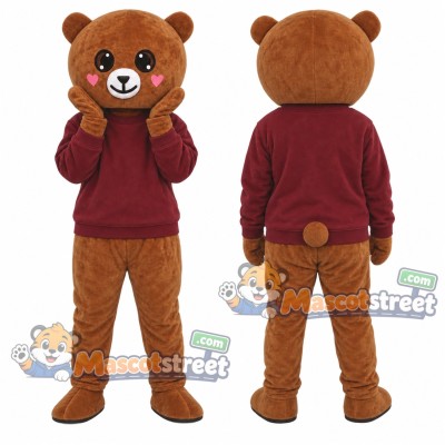 Brown Bear Mascot Costume with Burgundy Sweatshirt Brown Bear Mascot Costume with Burgundy Sweatshirt