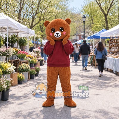 Brown Bear Mascot Costume with Burgundy Sweatshirt Brown Bear Mascot Costume with Burgundy Sweatshirt