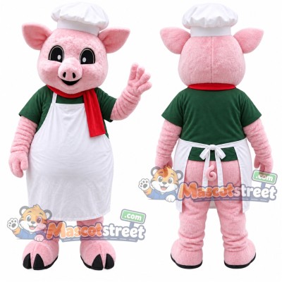 Pink Pig Chef Mascot Costume with White Apron and Chef Hat
