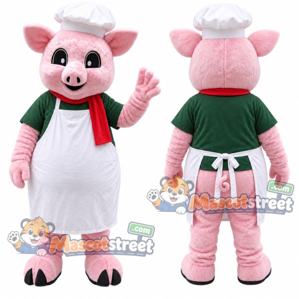 Pink Pig Chef Mascot Costume with White Apron and Chef Hat