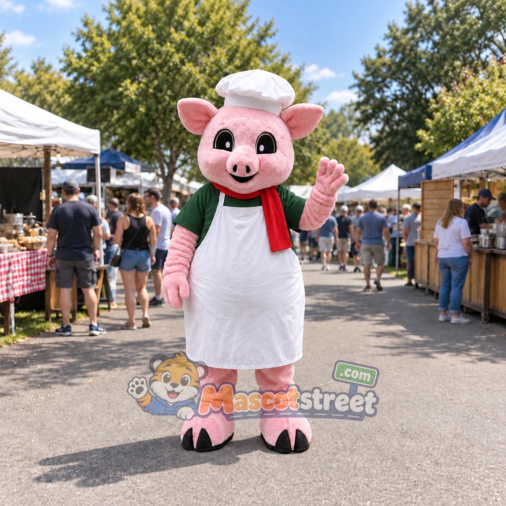 Pink Pig Chef Mascot Costume with White Apron and Chef Hat