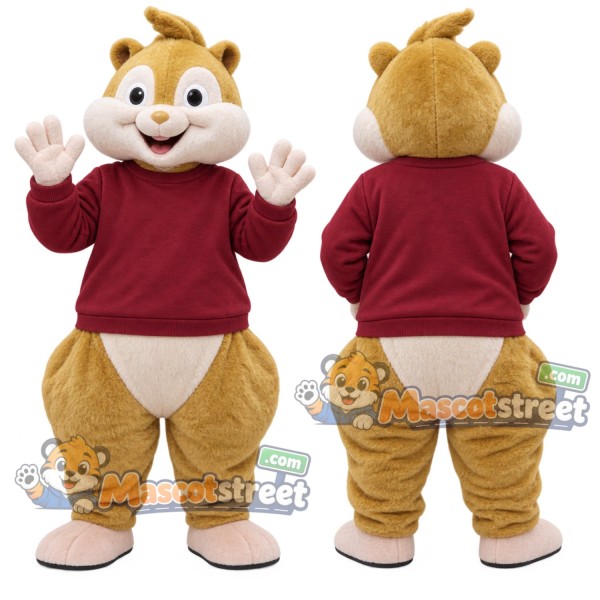 Tan Chipmunk Mascot Costume with Burgundy Sweatshirt