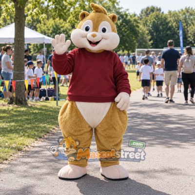 Tan Chipmunk Mascot Costume with Burgundy Sweatshirt Tan Chipmunk Mascot Costume with Burgundy Sweatshirt