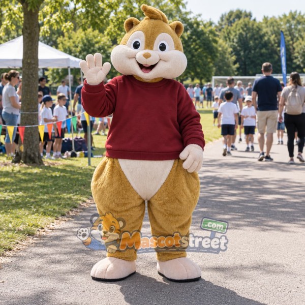 Tan Chipmunk Mascot Costume with Burgundy Sweatshirt