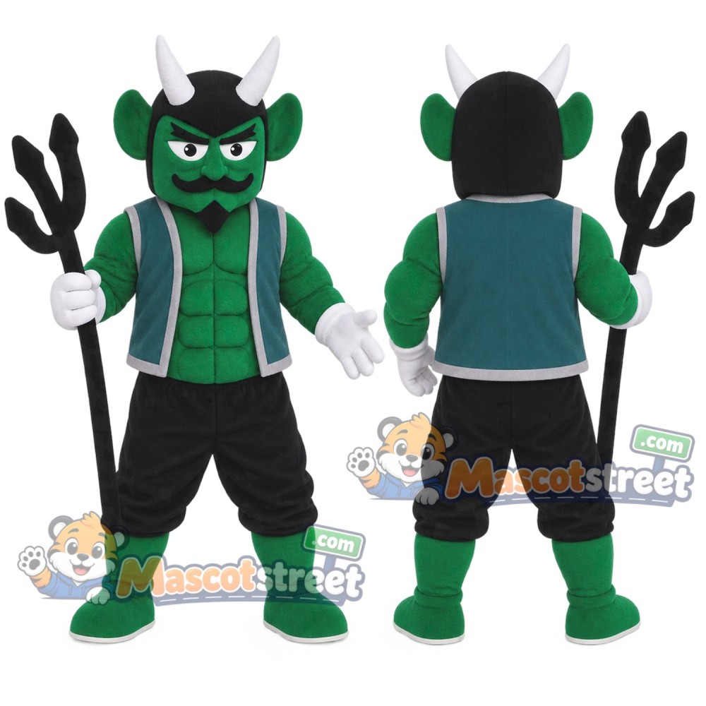 Green Devil Mascot Costume with Teal Vest and Trident Green Devil Mascot Costume with Teal Vest and Trident
