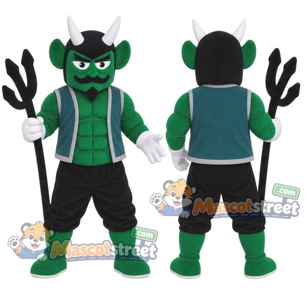 Green Devil Mascot Costume with Teal Vest and Trident