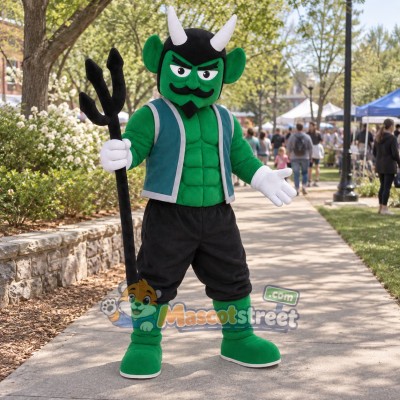 Green Devil Mascot Costume with Teal Vest and Trident Green Devil Mascot Costume with Teal Vest and Trident