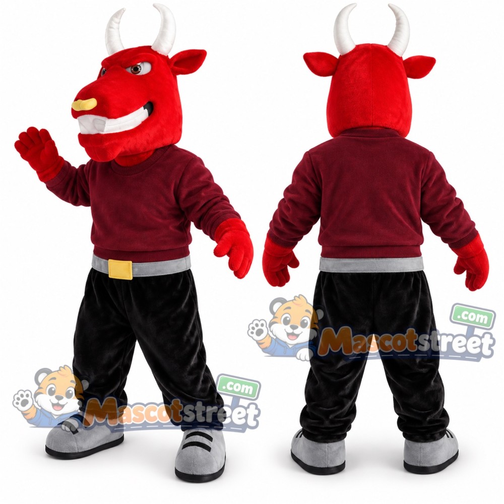 Red Bull Mascot Costume with Burgundy Sweatshirt