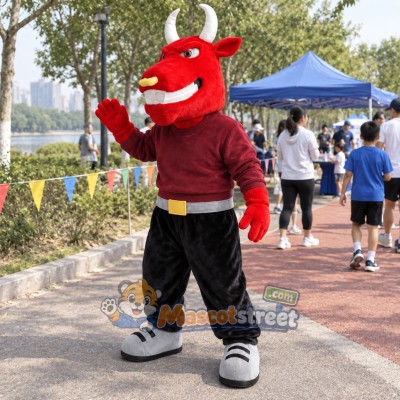 Red Bull Mascot Costume with Burgundy Sweatshirt
