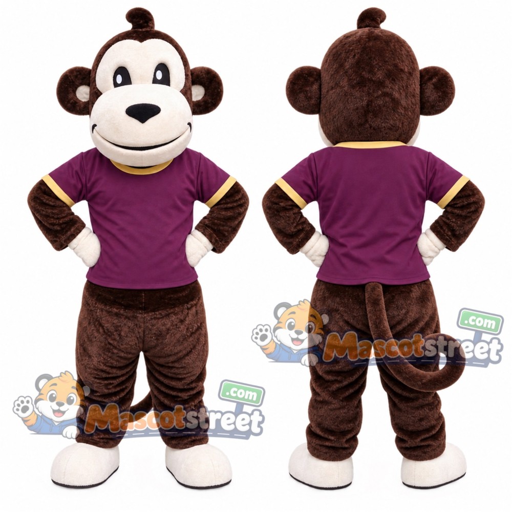 Brown Monkey Mascot Costume with Purple Sports Uniform Brown Monkey Mascot Costume with Purple Sports Uniform